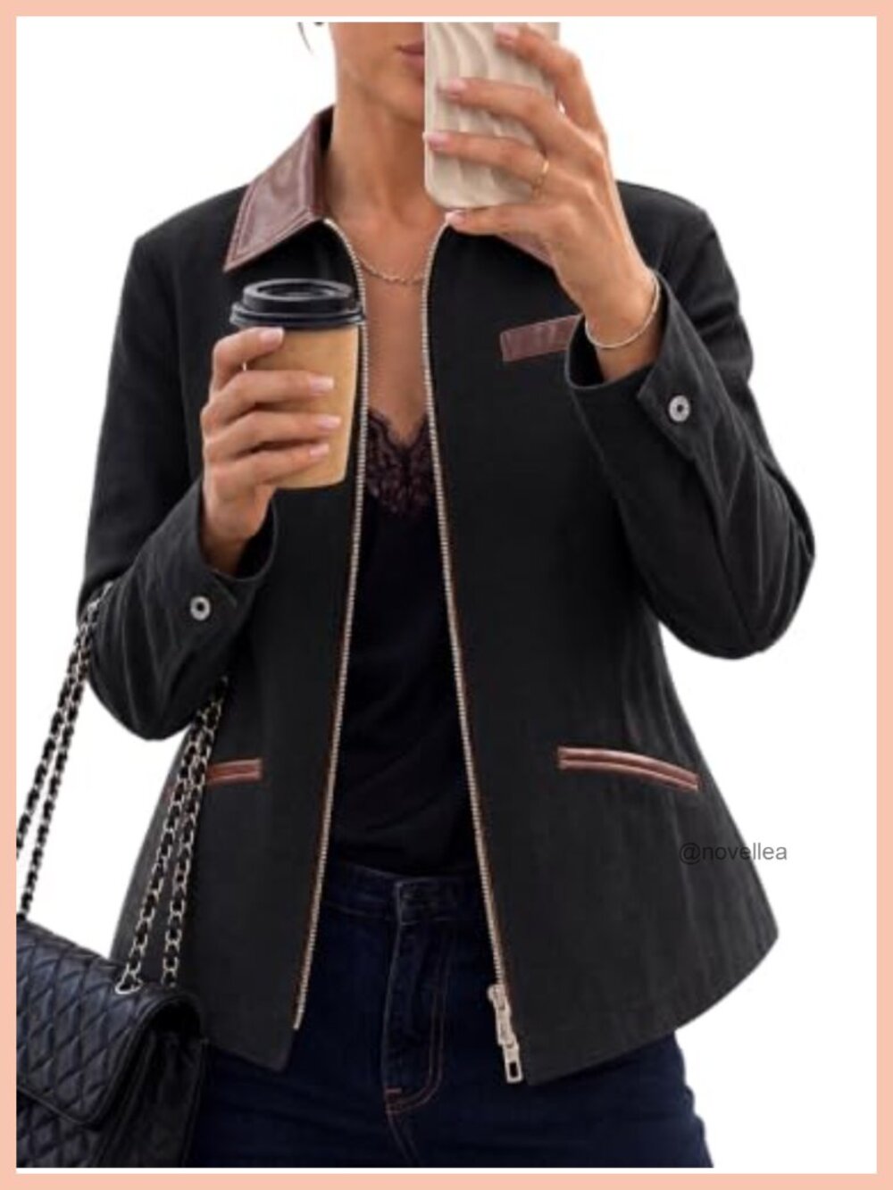 Cropped Barn Jacket Faux Leather Collar Zip Up Coat